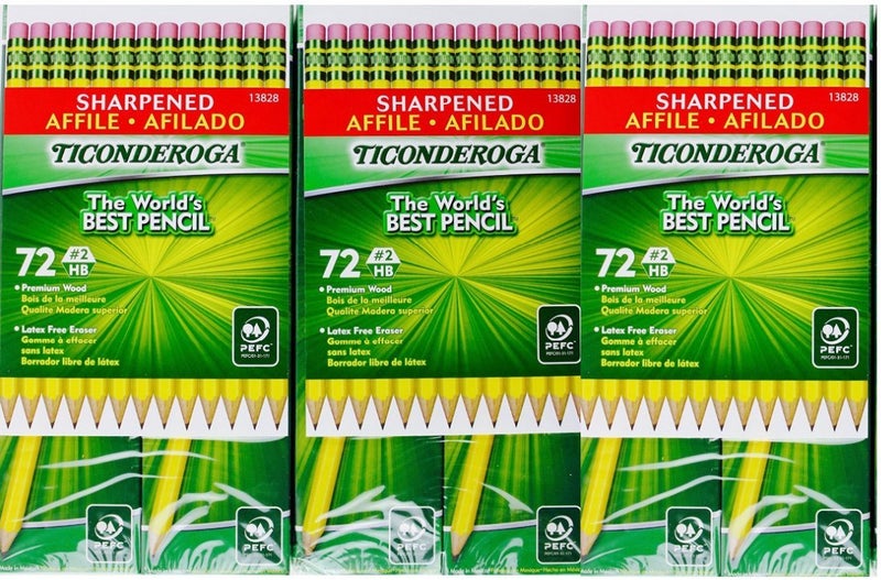 Ticonderoga Sharpened Pencils #2 HB Premium Wood Latex-Free Eraser (3 Pack) - 216 Total Pencils